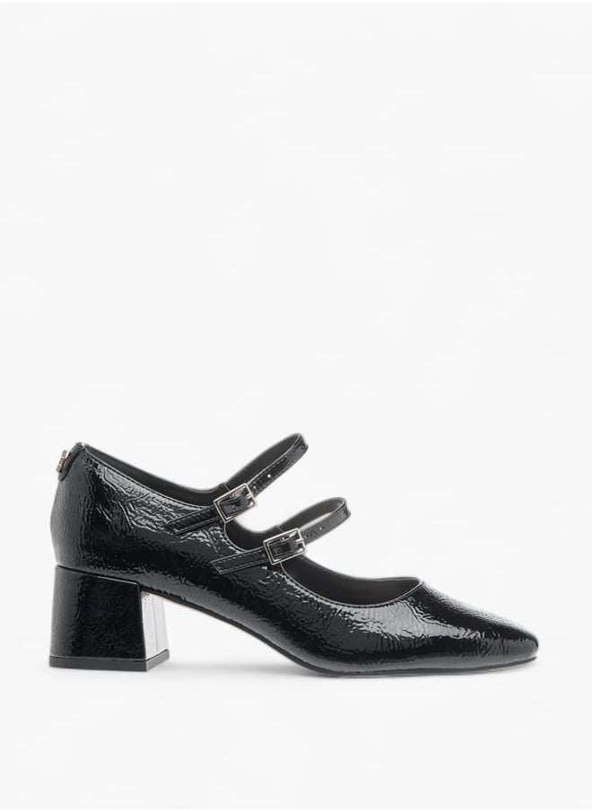 Womens Textured Double Strap Mary Jane Shoes With Block Heels