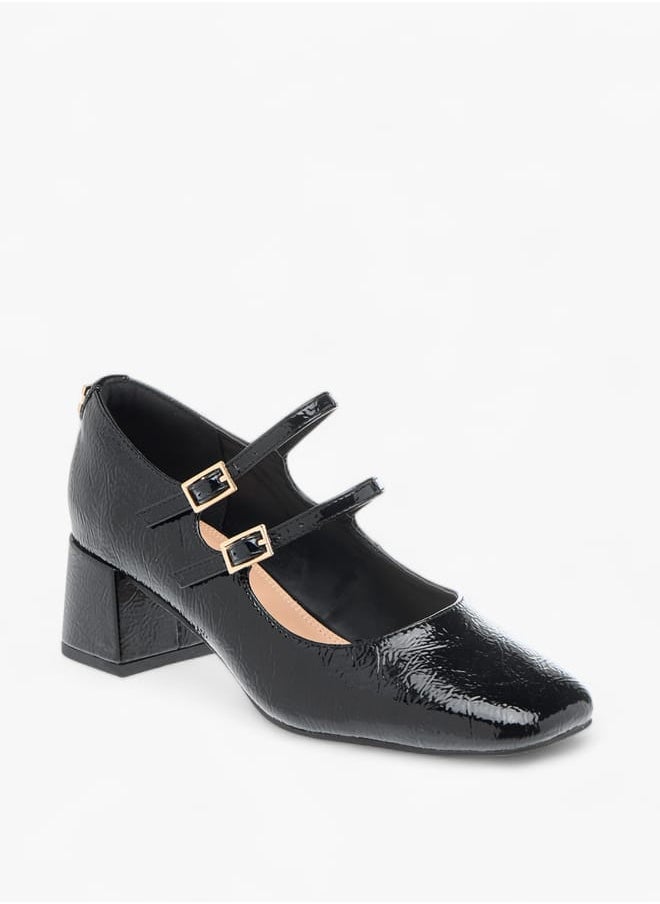 Womens Textured Double Strap Mary Jane Shoes With Block Heels