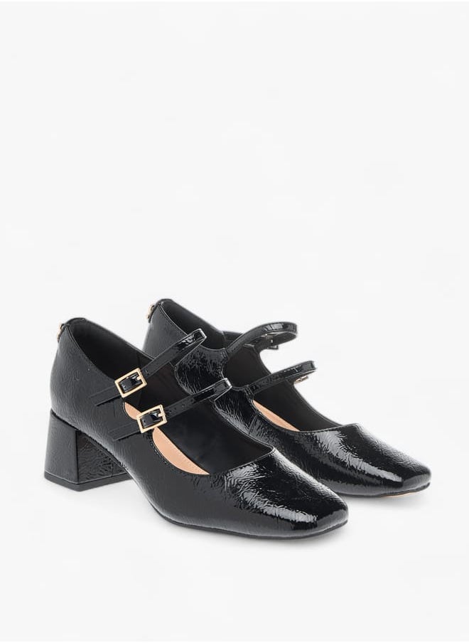 Womens Textured Double Strap Mary Jane Shoes With Block Heels