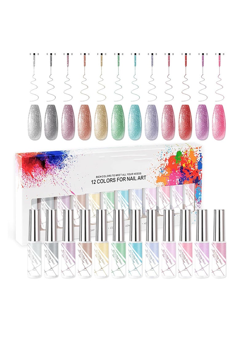 12-Color Glitter Gel Nail Polish Set - DIY Liner Art Kit for Professional Nail Design, Perfect for Nail Salons and Home Manicures, Includes Glitter Liner Polish for Creative Nail Art.