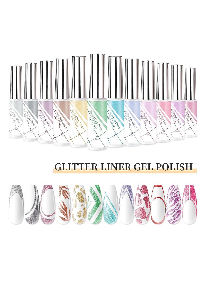 12-Color Glitter Gel Nail Polish Set - DIY Liner Art Kit for Professional Nail Design, Perfect for Nail Salons and Home Manicures, Includes Glitter Liner Polish for Creative Nail Art.