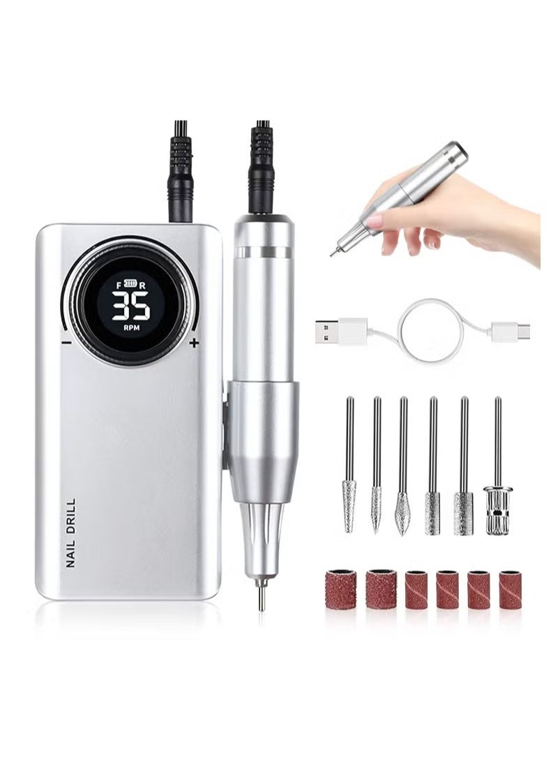 Rechargeable 35000RPM Nail Drill, Portable Nail Drill Machine Electric Nail E File Manicure Drill Set High Speed Nail Tools for Nail Salon, Silver