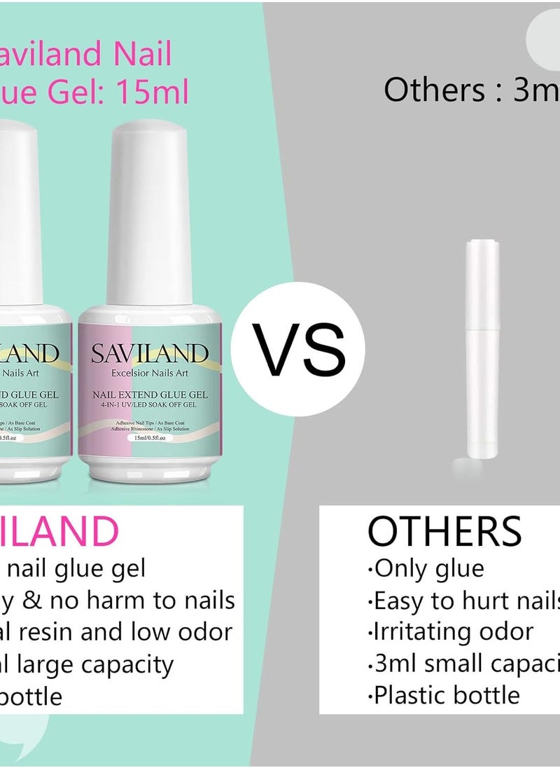 SAVILAND 4-in-1 Gel X Nail Glue: 2 PCS 15 ML Nail Glue for Acrylic Nails,Super Strong Brush On Glue Gel for False Nails,U V & LED Lamp Required