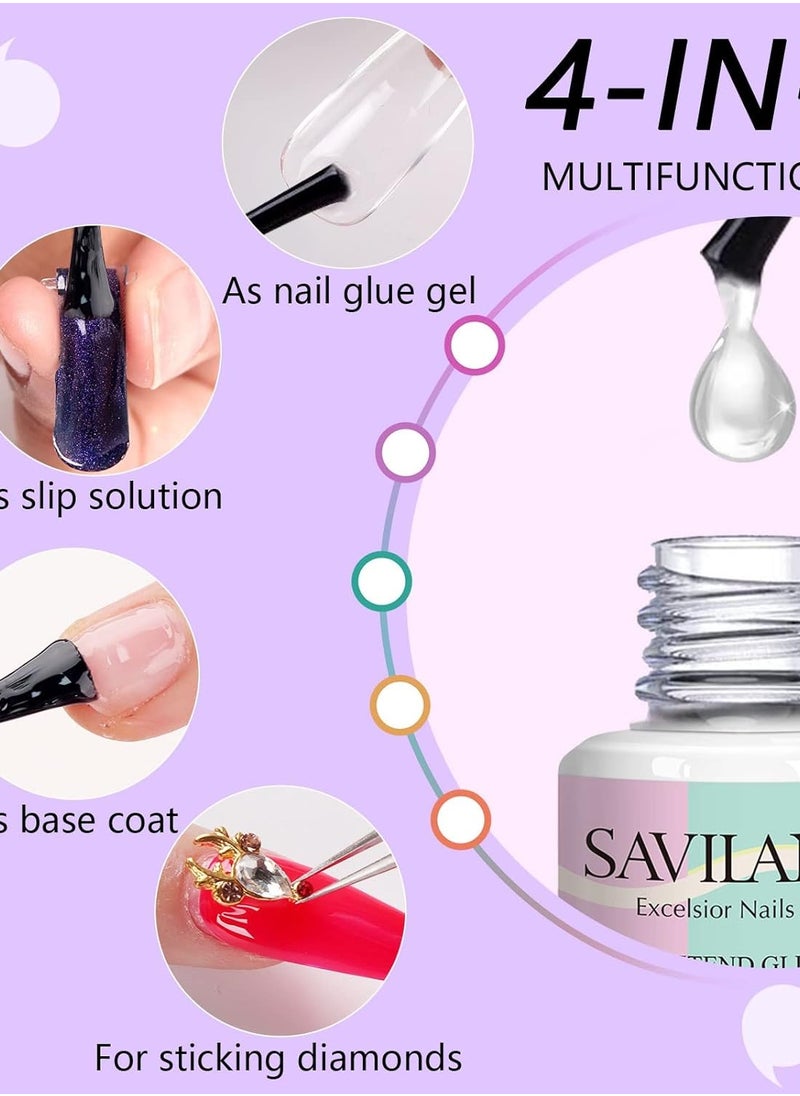 SAVILAND 4-in-1 Gel X Nail Glue: 2 PCS 15 ML Nail Glue for Acrylic Nails,Super Strong Brush On Glue Gel for False Nails,U V & LED Lamp Required