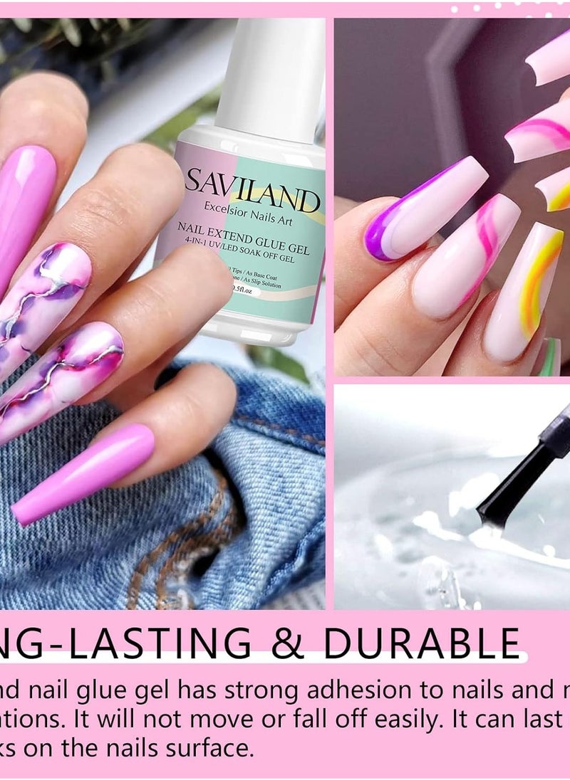 SAVILAND 4-in-1 Gel X Nail Glue: 2 PCS 15 ML Nail Glue for Acrylic Nails,Super Strong Brush On Glue Gel for False Nails,U V & LED Lamp Required