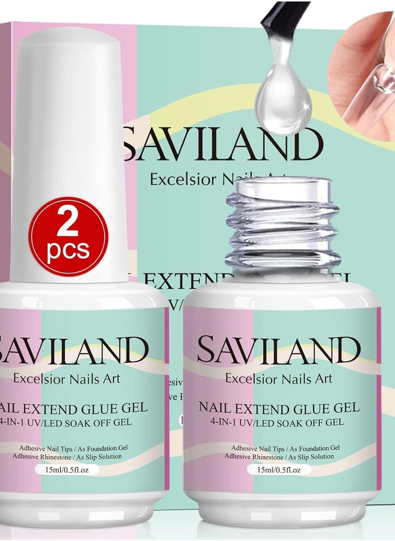 SAVILAND 4-in-1 Gel X Nail Glue: 2 PCS 15 ML Nail Glue for Acrylic Nails,Super Strong Brush On Glue Gel for False Nails,U V & LED Lamp Required
