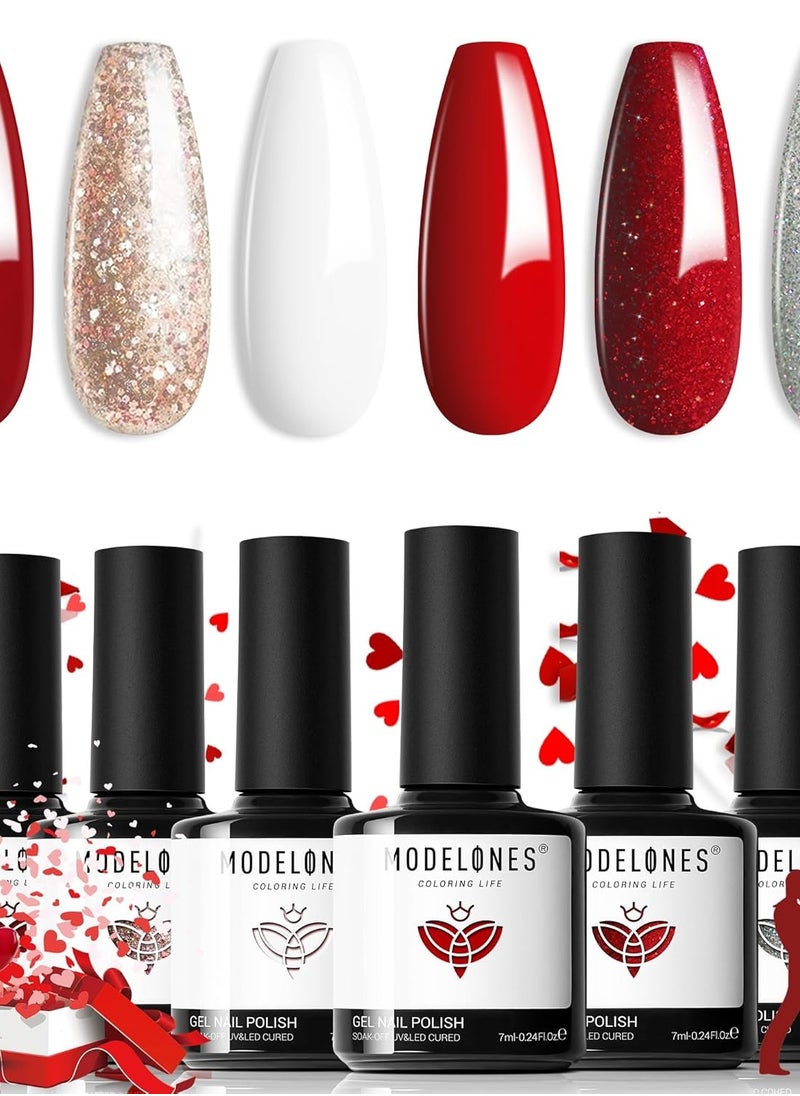 Modelones Red Gel Nail Polish Set 6 Colors, White Glitter Sparkle Bright Burgundy Dark Rose Champagne Silver Candy Cane Nail Gel Kit Soak Off Valentine'...