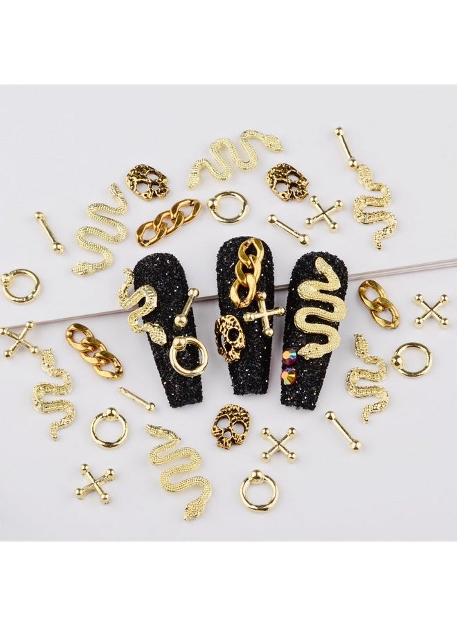 3D Metal Punk Nail Charms Jewels Kit, 300Pcs Alloy Cone Rivet Spike Snake Skull Studs With 9Pcs Big Glass Pointed Bottom Rhinestones And 200Pcs Flatback Resin Rhinestones (Gold)