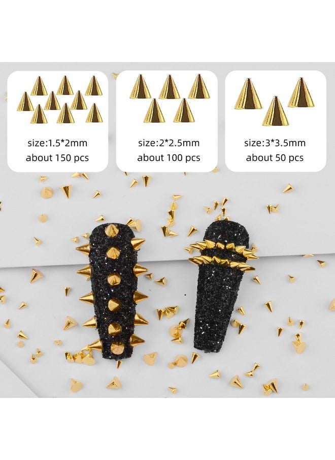 3D Metal Punk Nail Charms Jewels Kit, 300Pcs Alloy Cone Rivet Spike Snake Skull Studs With 9Pcs Big Glass Pointed Bottom Rhinestones And 200Pcs Flatback Resin Rhinestones (Gold)