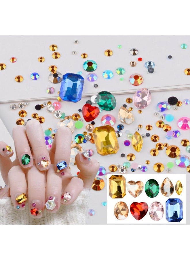 3D Metal Punk Nail Charms Jewels Kit, 300Pcs Alloy Cone Rivet Spike Snake Skull Studs With 9Pcs Big Glass Pointed Bottom Rhinestones And 200Pcs Flatback Resin Rhinestones (Gold)
