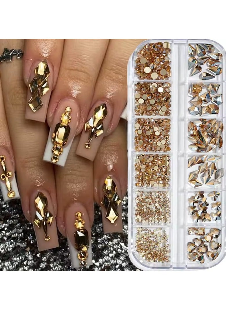 720/1000pcs Champagne Nail Art Rhinestones 5/10pcs Shaped Gem 75/120pcs Mini Diamond Mixed Sizes Flat-Back Luxurious Crystal RH4