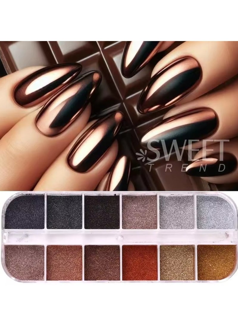 12 Grids Autumn Winter Color Dark Nail Glitter Pigment Magic Mirror Brown Silver Gold Rub Powder Gel Polish Dust Manicure Decor