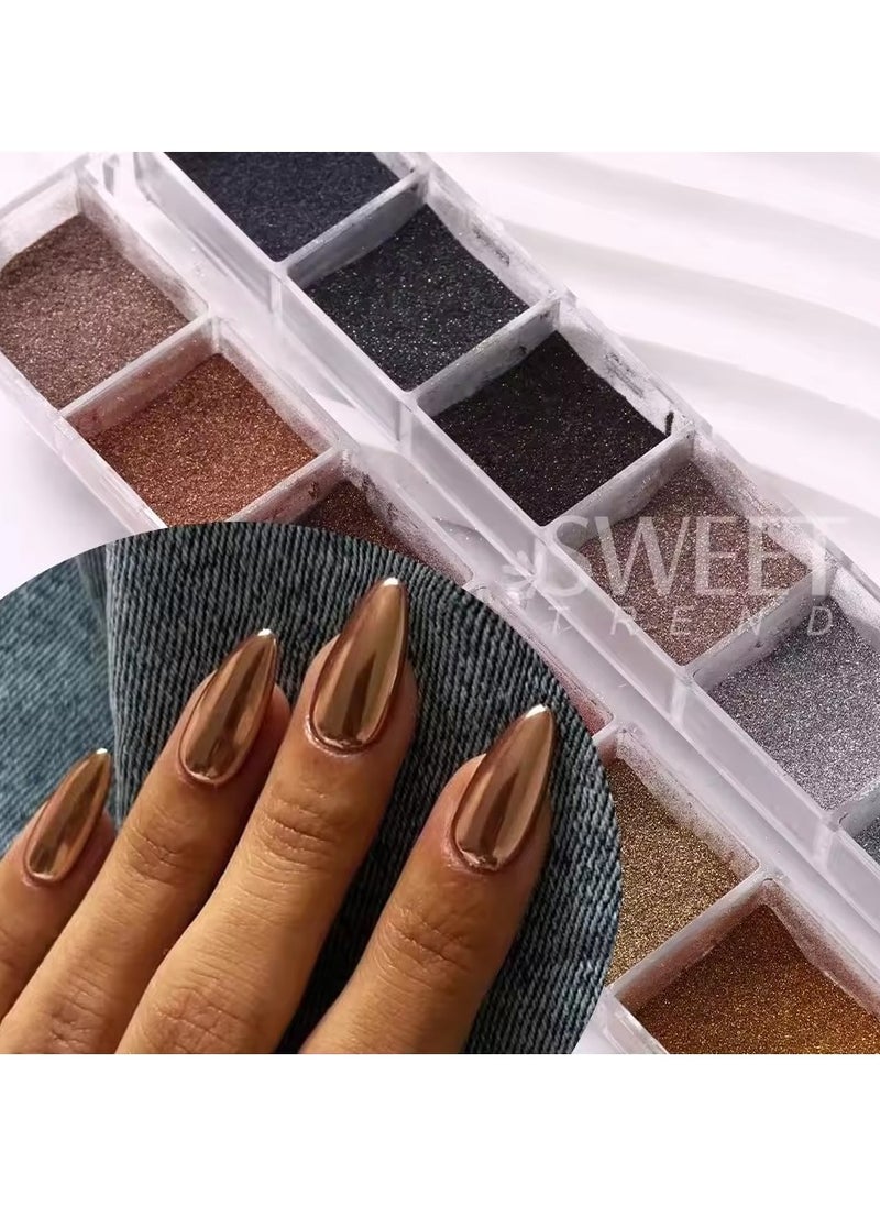 12 Grids Autumn Winter Color Dark Nail Glitter Pigment Magic Mirror Brown Silver Gold Rub Powder Gel Polish Dust Manicure Decor