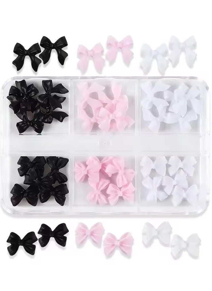 6 Grids Pink White Ribbon Bow Nail Charms Korean Parts Black Nail Art Tie Decoration Kawaii Accessories Manicure Design Supplies