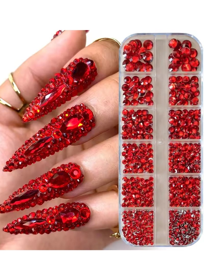 12grids Red Nail Gems Rhinestones 2/3/4/5mm Flat-Back Nail Crystal Diamond SS6/10/16/20/30 Mixed Luxury Glass Rhinestones Charms