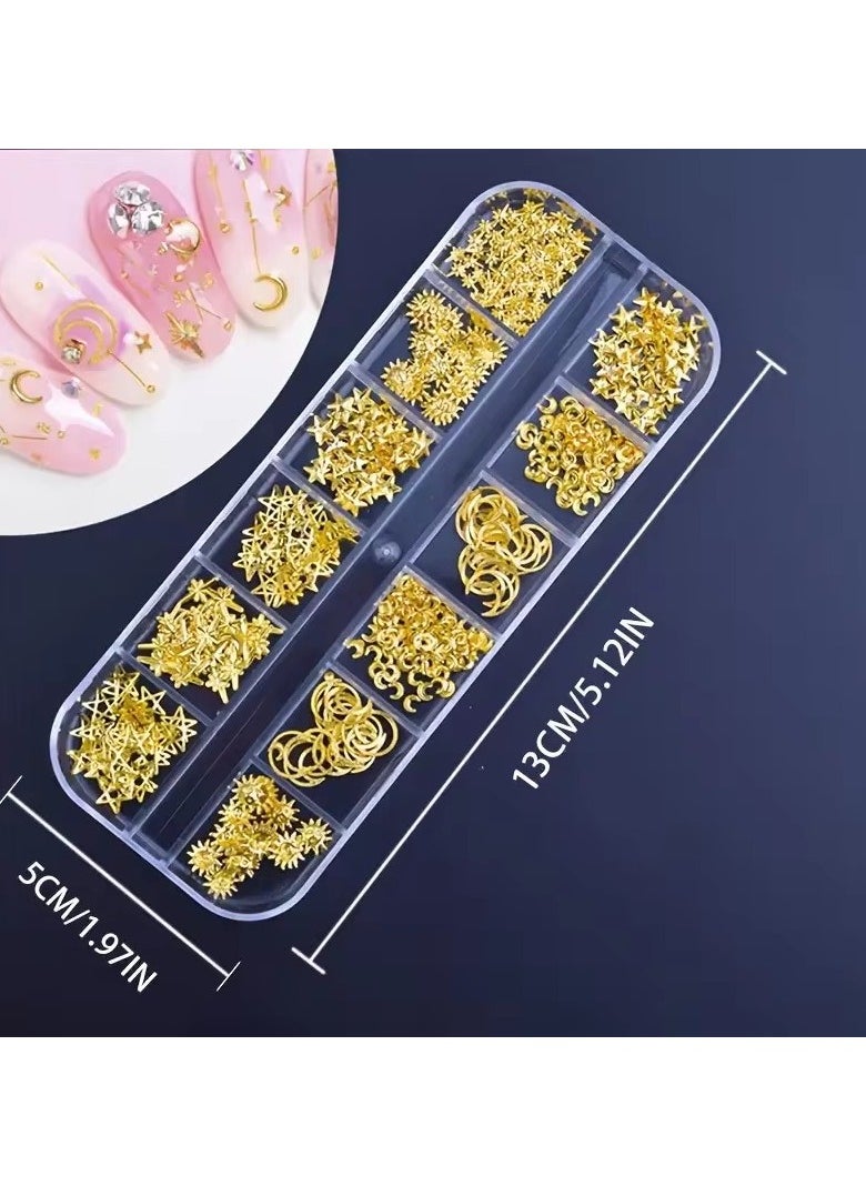 Moon Star Nails Gold Metallic Nail Sequins Charms - 3D Nail Art Tips for Festive Manicures