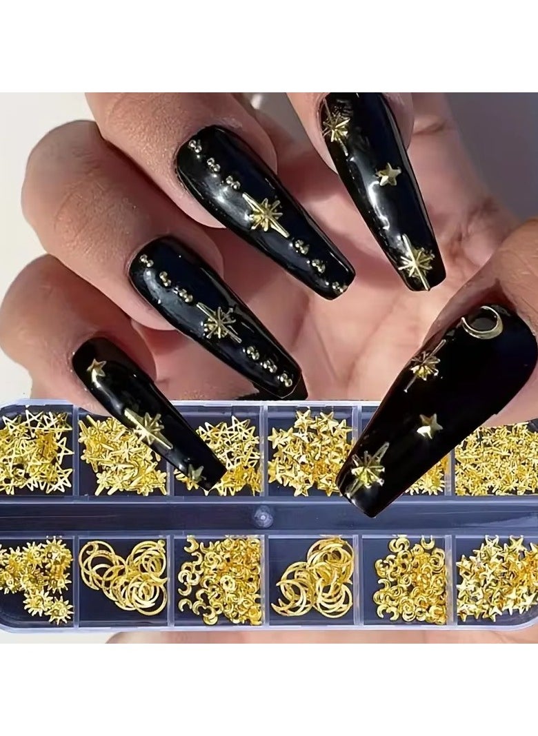 Moon Star Nails Gold Metallic Nail Sequins Charms - 3D Nail Art Tips for Festive Manicures