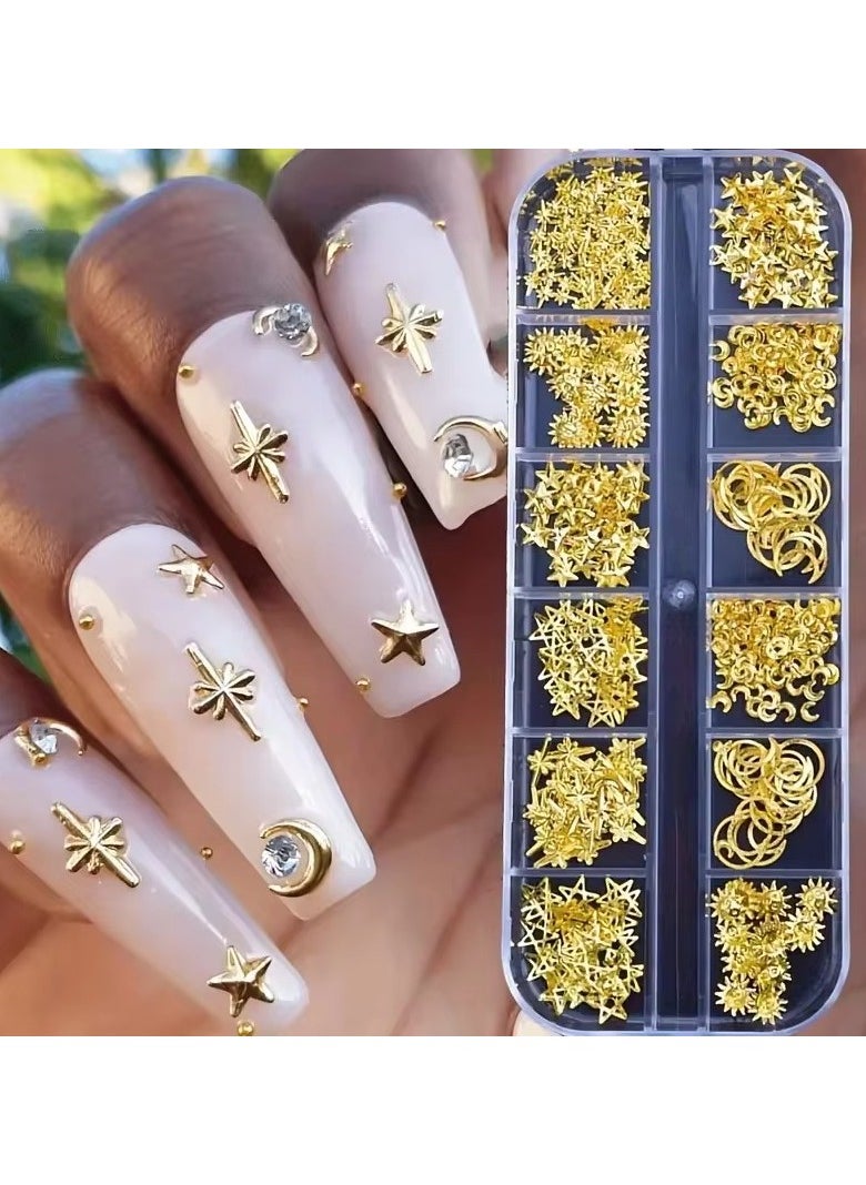 Moon Star Nails Gold Metallic Nail Sequins Charms - 3D Nail Art Tips for Festive Manicures