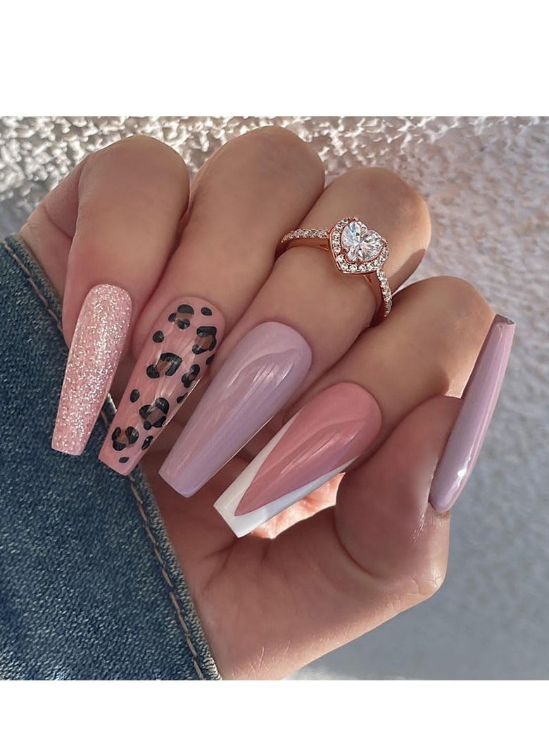 24PCS Almond Press on Nails, Pink Leopard Print Fake Nails, Glossy Nude & Glitter Stick-on Nails with Gel Glue, Nail File, Cleaning Pad, Wooden Stick, Easy to Apply & Long-Lasting