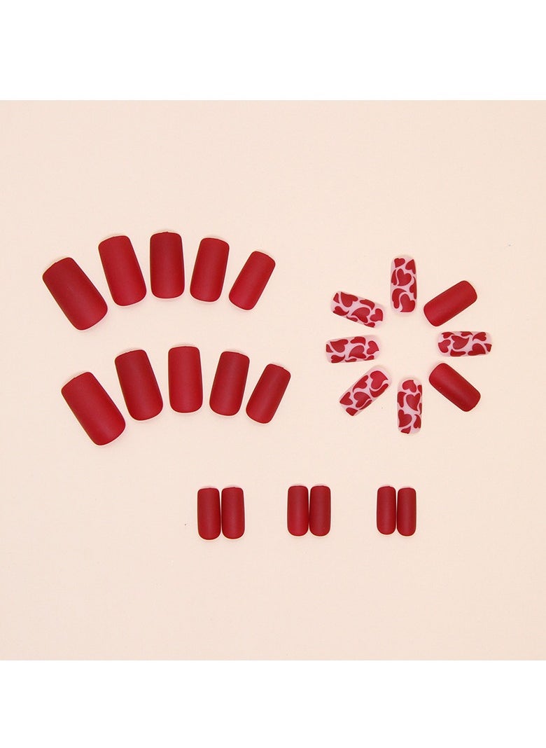 24PCS Square Press on Nails, Red Matte & Heart Print Fake Nails, Glossy Stick-on Nails with Gel Glue, Nail File, Cleaning Pad, Wooden Stick, Easy to Apply & Long-Lasting