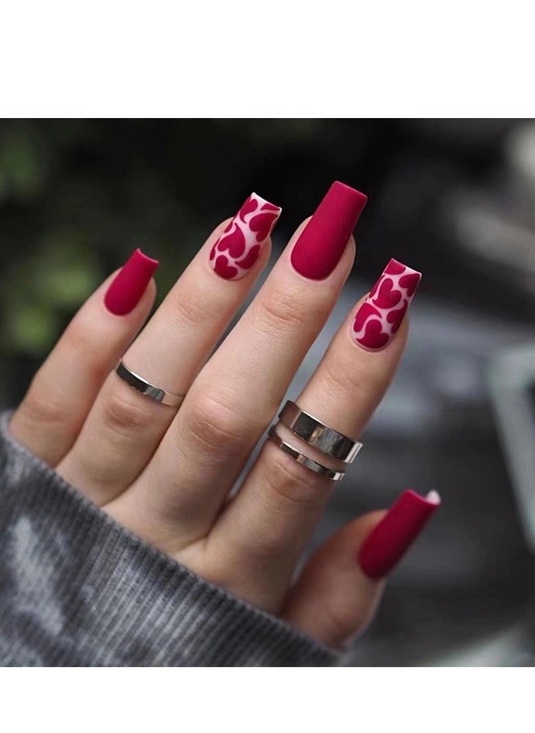 24PCS Square Press on Nails, Red Matte & Heart Print Fake Nails, Glossy Stick-on Nails with Gel Glue, Nail File, Cleaning Pad, Wooden Stick, Easy to Apply & Long-Lasting