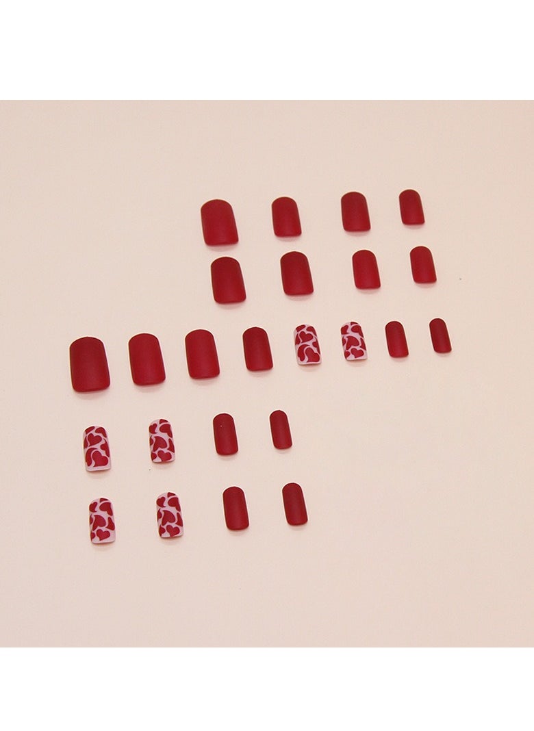 24PCS Square Press on Nails, Red Matte & Heart Print Fake Nails, Glossy Stick-on Nails with Gel Glue, Nail File, Cleaning Pad, Wooden Stick, Easy to Apply & Long-Lasting