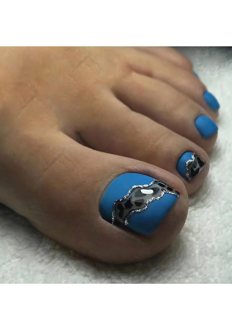 24 Pcs Toe Press on Nails, Blue with Black & Silver Abstract Print Fake Toenails