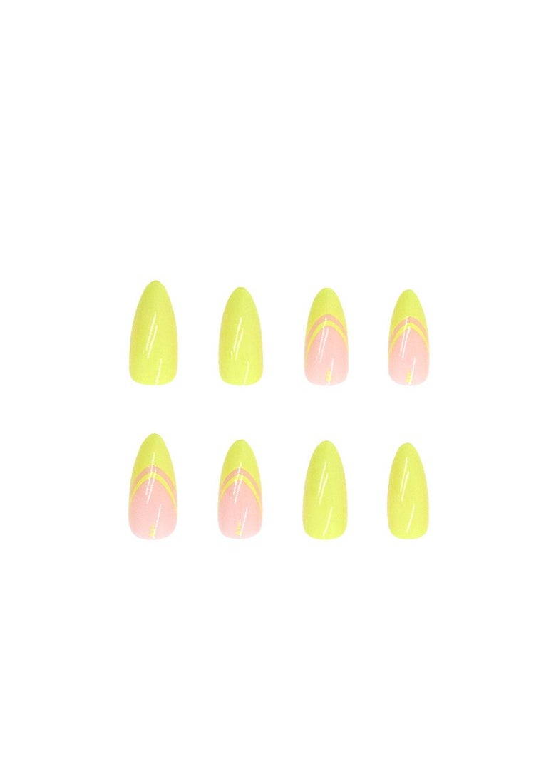 24PCS Almond Press on Nails, French Tip Fake Nails, Glossy Yellow Stick on Nails with Gel Glue, Nail File, Cleaning Pad, Wooden Stick, Easy to Apply & Long-Lasting
