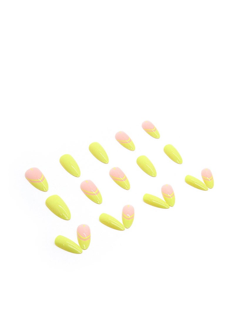 24PCS Almond Press on Nails, French Tip Fake Nails, Glossy Yellow Stick on Nails with Gel Glue, Nail File, Cleaning Pad, Wooden Stick, Easy to Apply & Long-Lasting