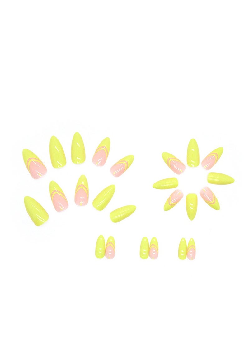 24PCS Almond Press on Nails, French Tip Fake Nails, Glossy Yellow Stick on Nails with Gel Glue, Nail File, Cleaning Pad, Wooden Stick, Easy to Apply & Long-Lasting