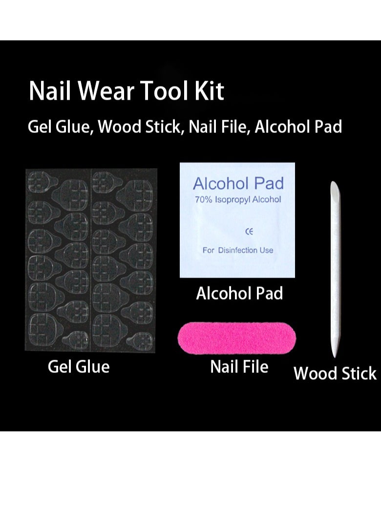 24PCS Almond Press on Nails, French Tip Fake Nails, Glossy Yellow Stick on Nails with Gel Glue, Nail File, Cleaning Pad, Wooden Stick, Easy to Apply & Long-Lasting