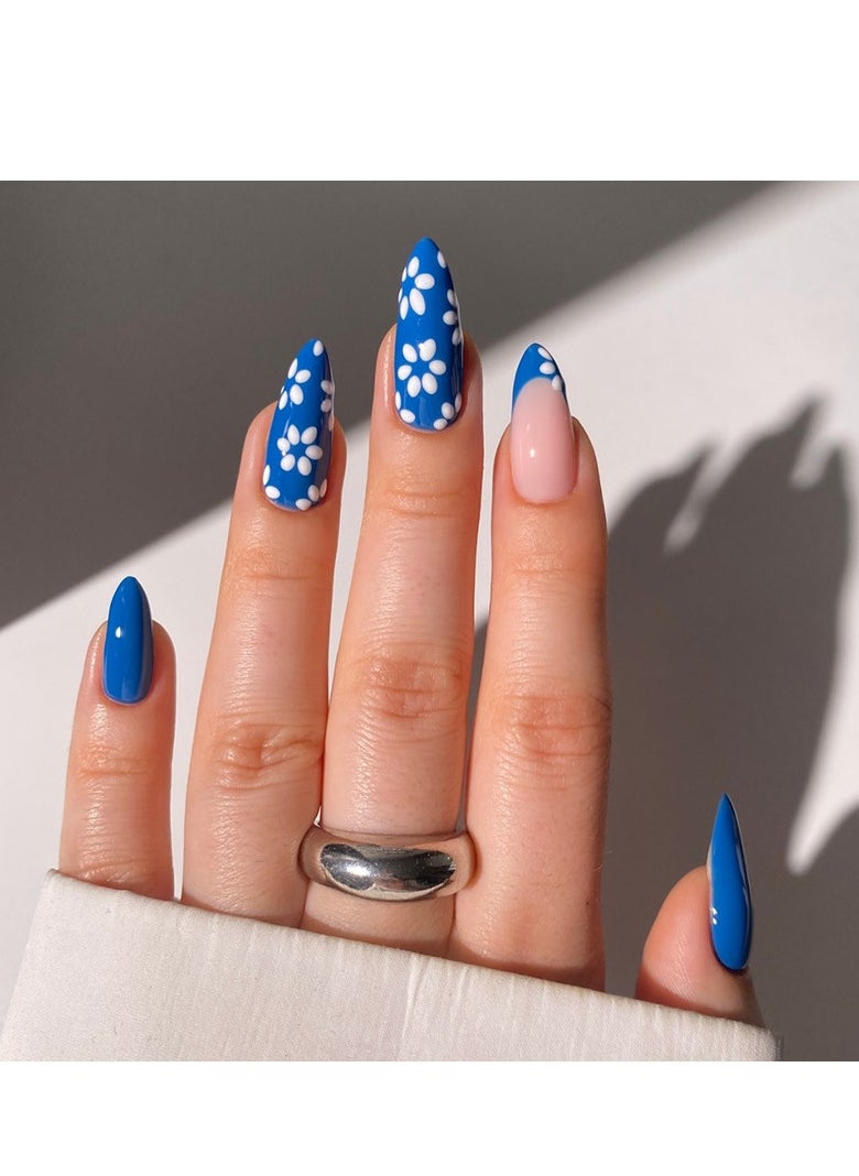 24 Pcs Almond Press on Nails, Blue with White Daisy Print & Pink Ombre Fake Nails, Glossy Stick-on Nails with Gel Glue, Nail File, Cleaning Pad, Wooden Stick, Easy to Apply & Long-Lasting