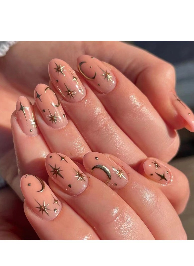 24 Pcs Short Press on Nails, Nude with Stars & Moon Print Fake Nails, Glossy Stick-on Nails with Gel Glue, Nail File, Cleaning Pad, Wooden Stick, Easy to Apply & Long-Lasting