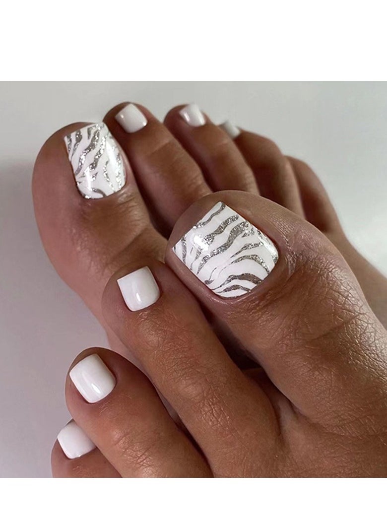 24 Pcs Toe Press on Nails, White with Silver Zebra Print Fake Toenails