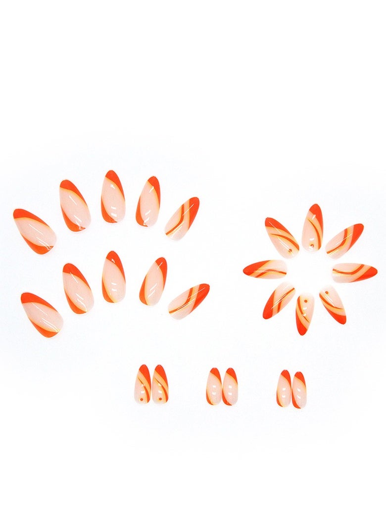 24 Pcs Almond Press on Nails, Neon Orange French Tip Fake Nails with Abstract Swirl Design, Glossy Stick-on Nails with Gel Glue, Nail File, Cleaning Pad, Wooden Stick, Easy to Apply & Long-Lasting