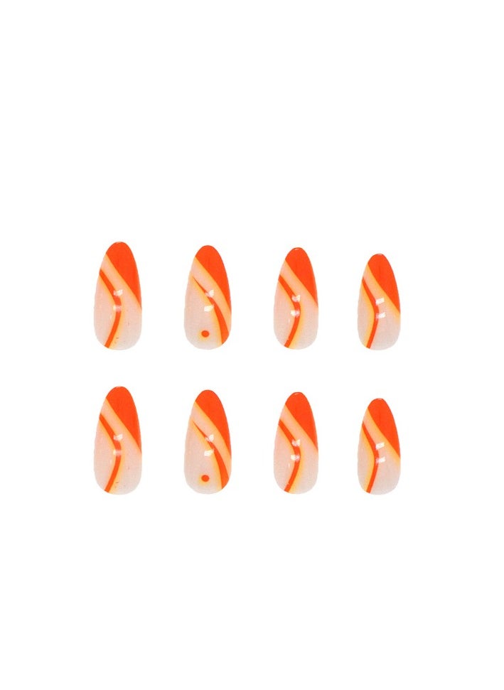 24 Pcs Almond Press on Nails, Neon Orange French Tip Fake Nails with Abstract Swirl Design, Glossy Stick-on Nails with Gel Glue, Nail File, Cleaning Pad, Wooden Stick, Easy to Apply & Long-Lasting