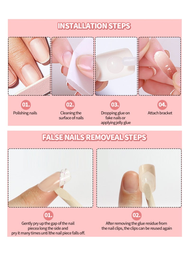 24 Pcs Ballet Press on Nails, Nude & White with Ombre and Rose Gold Stripes Fake Nails, Glossy Stick-on Nails with Gel Glue, Nail File, Cleaning Pad, Wooden Stick, Easy to Apply & Long-Lasting