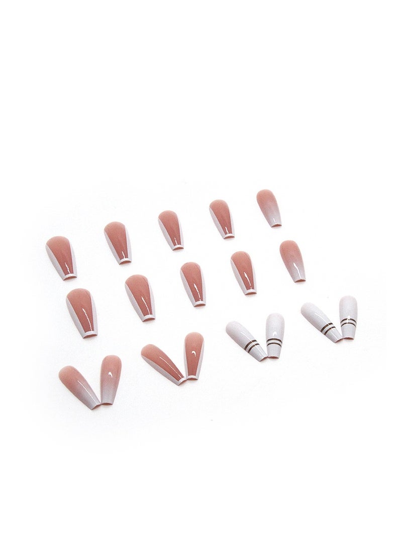 24 Pcs Ballet Press on Nails, Nude & White with Ombre and Rose Gold Stripes Fake Nails, Glossy Stick-on Nails with Gel Glue, Nail File, Cleaning Pad, Wooden Stick, Easy to Apply & Long-Lasting