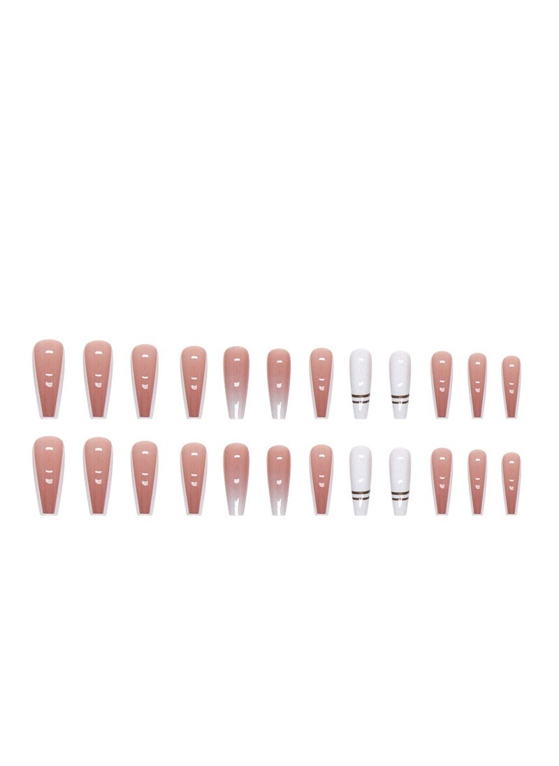 24 Pcs Ballet Press on Nails, Nude & White with Ombre and Rose Gold Stripes Fake Nails, Glossy Stick-on Nails with Gel Glue, Nail File, Cleaning Pad, Wooden Stick, Easy to Apply & Long-Lasting