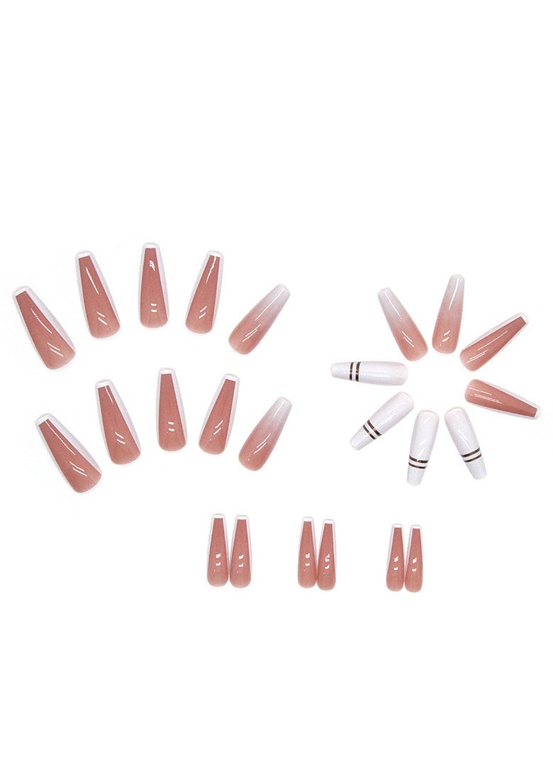 24 Pcs Ballet Press on Nails, Nude & White with Ombre and Rose Gold Stripes Fake Nails, Glossy Stick-on Nails with Gel Glue, Nail File, Cleaning Pad, Wooden Stick, Easy to Apply & Long-Lasting