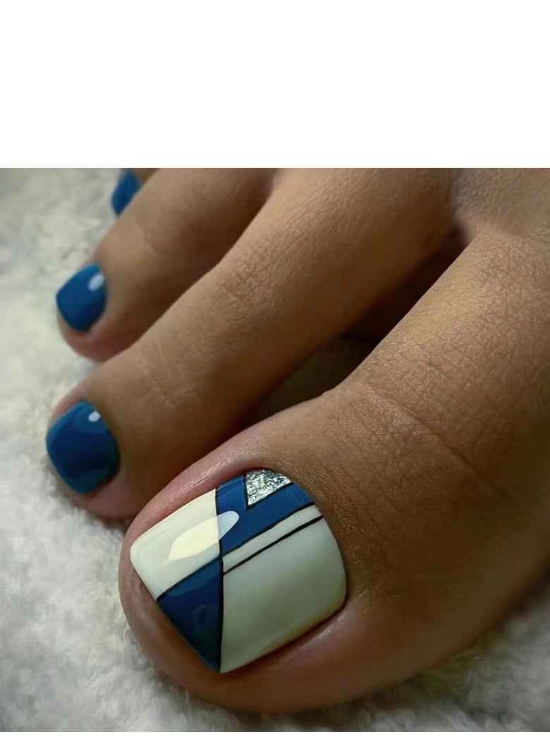 24 Pcs Toe Press on Nails, Blue & White Geometric Print Fake Toenails with Silver Accent