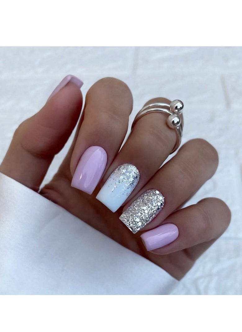 24 Pcs Square Press on Nails, Pink & White Ombre with Silver Glitter Fake Nails, Glossy Stick-on Nails with Gel Glue, Nail File, Cleaning Pad, Wooden Stick, Easy to Apply & Long-Lasting