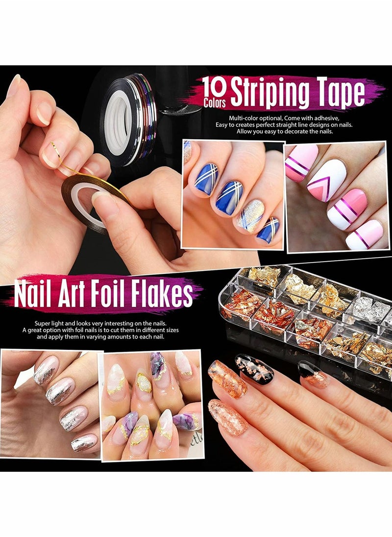 Creative Nail Art Brush Set with Dotting Tools Glitter Sequins Foil Flakes and Rhinestones for Stunning Nail Designs