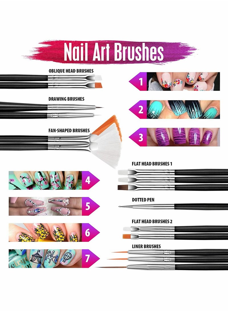 Creative Nail Art Brush Set with Dotting Tools Glitter Sequins Foil Flakes and Rhinestones for Stunning Nail Designs