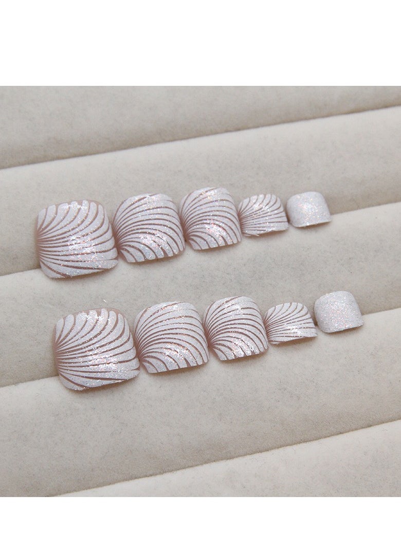 24 Pcs Press-On Toe Nails, White Gradient with Curved Design, Perfect for Elegant Manicures