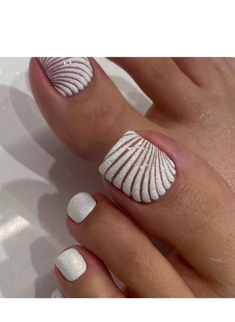 24 Pcs Press-On Toe Nails, White Gradient with Curved Design, Perfect for Elegant Manicures