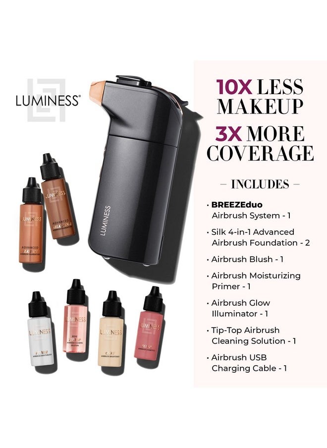 Breeze Duo Airbrush Makeup System, Deep Coverage - 9-Piece Kit Includes 2X Silk Airbrush Foundation, Apricot Shade Blush, Glow Highlighter, Moisturizer Primer, And Airbrush Cleaning Solution