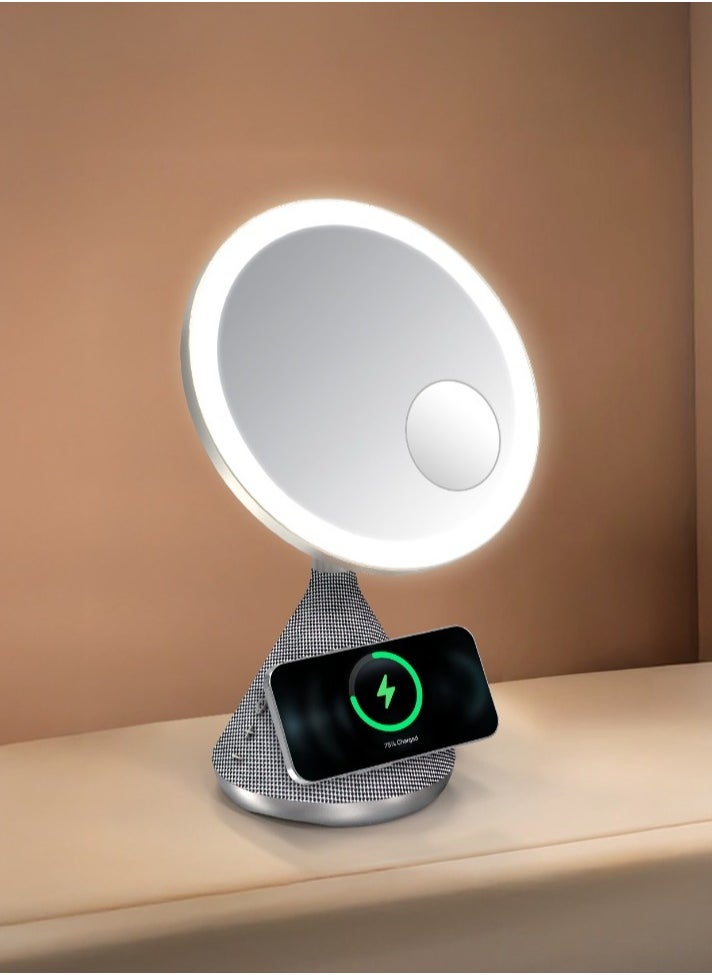LED Makeup Mirror with Magsafe and Speaker / 30M Bluetooth Distance / 3 Color Temperatures / Magsafe Charger / Adjustable LED Light - Silver