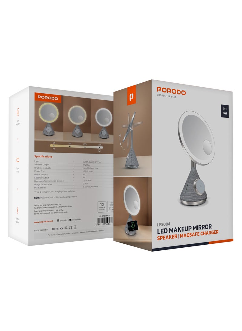 LED Makeup Mirror with Magsafe and Speaker / 30M Bluetooth Distance / 3 Color Temperatures / Magsafe Charger / Adjustable LED Light - Silver