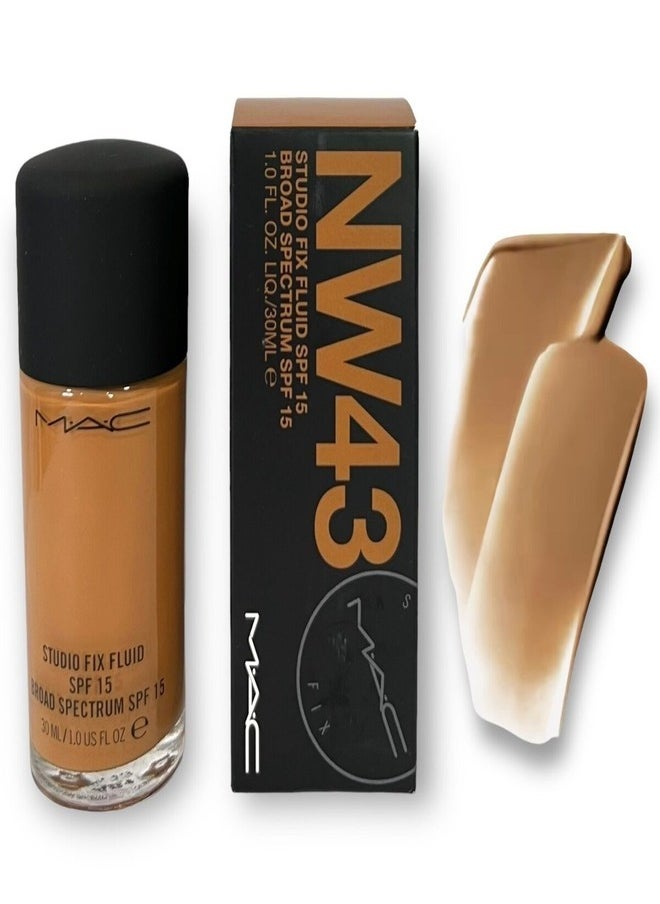 MAC Studio Fix Fluid SPF 15 Foundation NW43 – 24HR Long-Wear, Matte Finish, Oil Control, Medium-to-Full Coverage